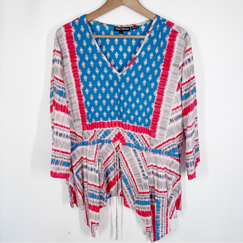 Tolani Tie Dye Top Large Tie Waist Red White Blue - Picture 2 of 8